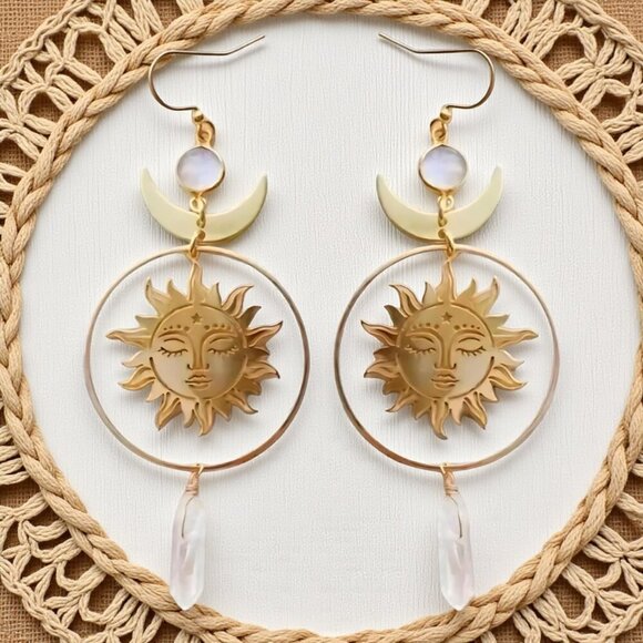 🆕️Celestial Sun Moon Quartz Crystal Dangle Earrings Boho Chic Trendy Jewelry - Picture 10 of 10